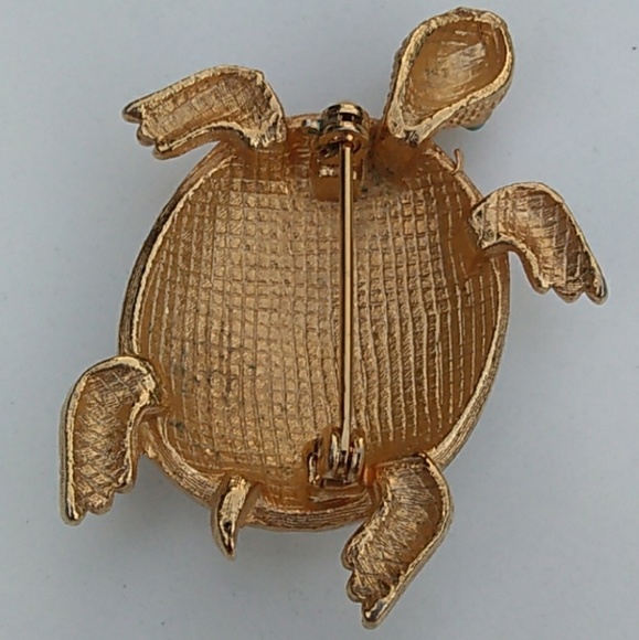 1950's White Enamel Gold Turtle Brooch w Blue Eyes - Picture 5 of 8